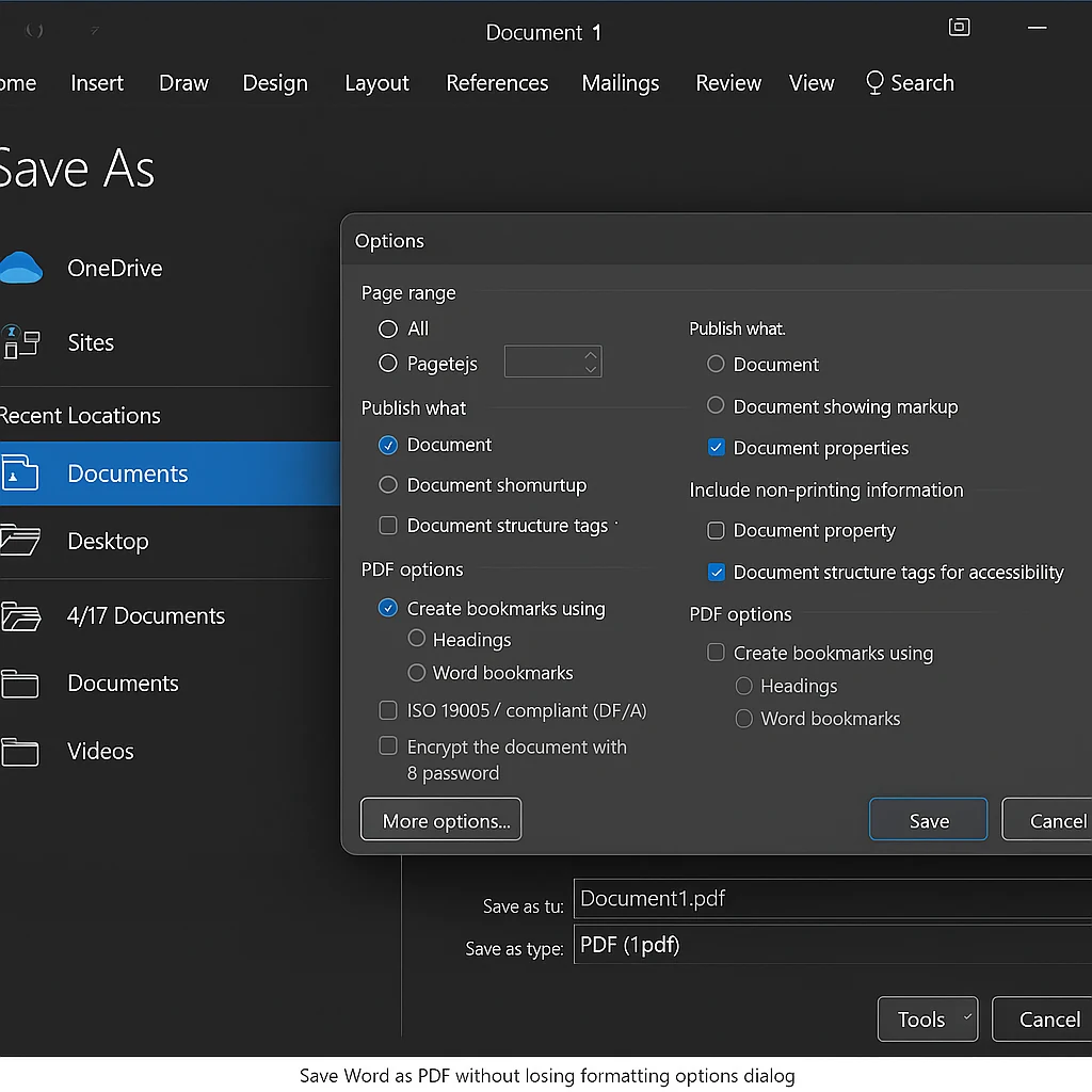 Save Word as PDF without losing formatting – embed fonts options